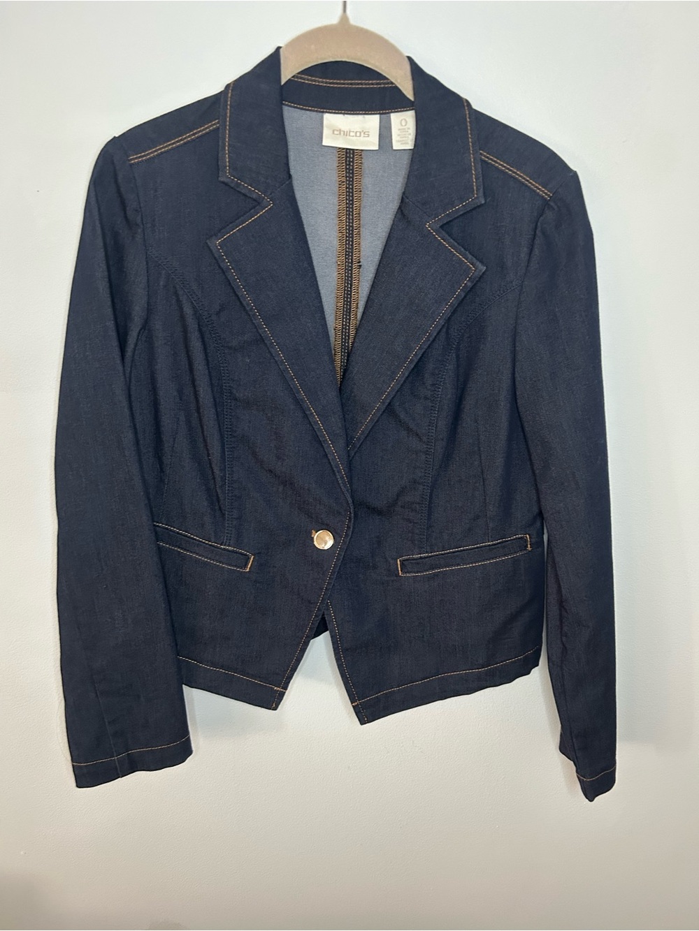 Chico's Denim Blazer Dark Wash Contrast Stitch size 0/small